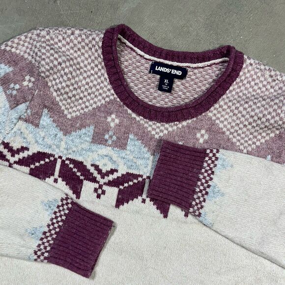 Lands End Sweater Womens Medium Cream Fair Isle Nordic Pullover Ski - Picture 2 of 9